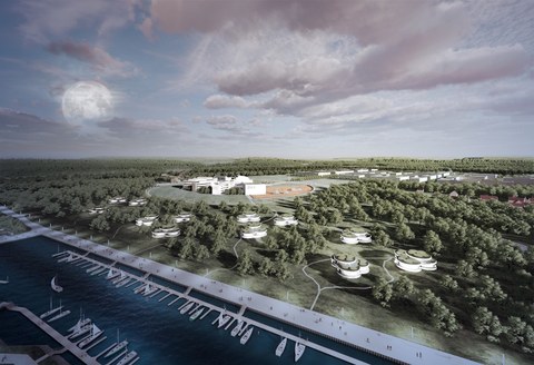 Auf dem Bild ist eine futuristische Darstellung von ERSI, einem möglichen Großforschungszentrum in der Lausitz zu sehen. Das Projekt widmet sich der Weltraumforschung und könnte bei Bewilligung durch das BMBF mit 170 Mio. Euro gefördert werden