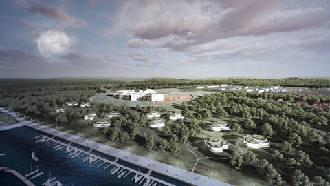 Auf dem Bild ist eine futuristische Darstellung von ERSI, einem möglichen Großforschungszentrum in der Lausitz zu sehen. Das Projekt widmet sich der Weltraumforschung und könnte bei Bewilligung durch das BMBF mit 170 Mio. Euro gefördert werden