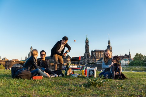 Studierende auf den Elbwiesen