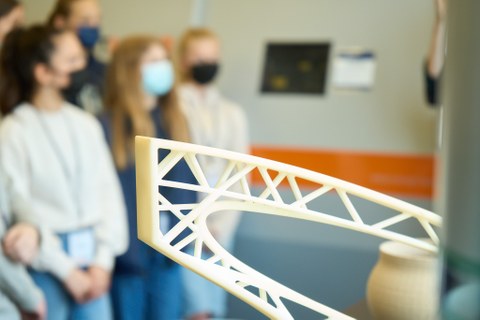 Auf dem Bild sind Schüler zu sehen, die vor einem 3D-gedrucktem Modell stehen