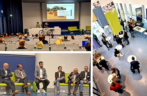 Fotocollage - Auftaktveranstaltung in Hörsaal, Podiumsgespräch und Get Together an Stehtischen