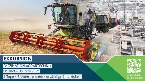 Einladung Exkursion Agrartechnik mit Agrarmaschine, die ein Feld erntet und einer Maschinenhalle