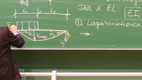 Foto: eine Tafel in einem Lehrraum an der ein Mann etwas anschreibt. Dieser steht ganz links, ist nur von hinten und nicht vollständig zu sehen.