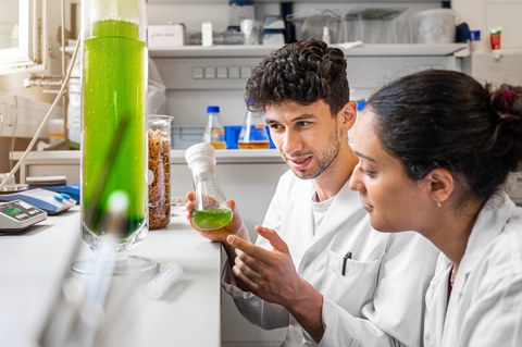 Auf dem Bild sind Studierende der Verfahrenstechnik und Naturstofftechnik an der TU Dresden zu sehen, die in einer Praxissituation innerhalb des Studiengangs fotografiert worden sind