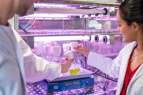 Auf dem Bild sind Studierende der Verfahrenstechnik und Naturstofftechnik an der TU Dresden zu sehen, die in einer Praxissituation innerhalb des Studiengangs fotografiert worden sind