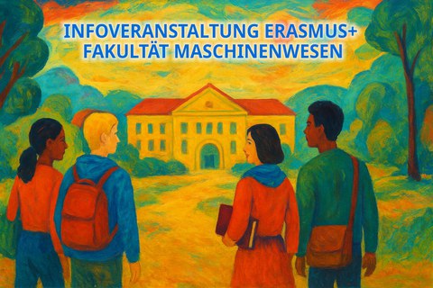  Grafik: vier Personen schauen zu einem Gebäude, das Bild ist abstrakt und bunt.  In der Mitte steht Werbung für das Austauschstudium
