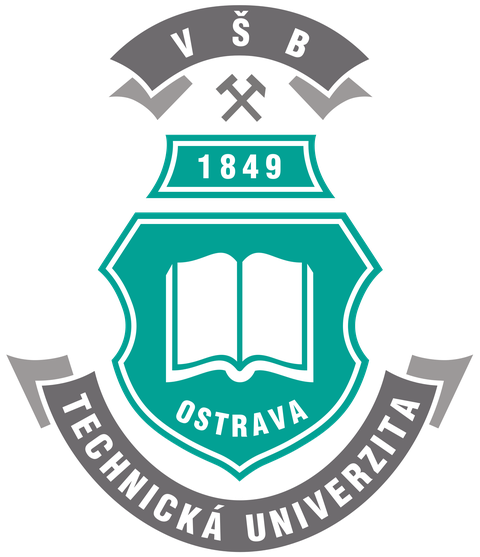 Logo Technischen Universität Ostrava; in der Mitte steht in einem Wappen ein aufgeschlagenes Buch, darüber 1849, unter dem Buch steht Ostrava, darunter Technicka Univerzita und ganz oben steht VSB und darunter 2 gekreuzte Hämmer