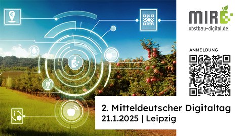 Werbebanner für Veranstaltung mit Apfelplantage mit Symbolen zur Digitalisierung