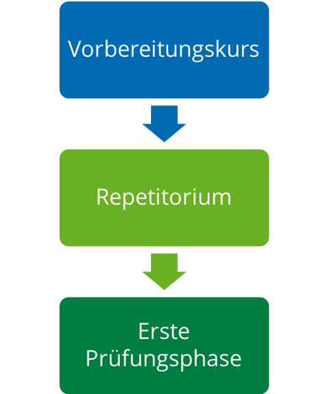 Das Bild zeigt schematisch den Übergang vom Vorbereitungskurs in die Repetitorien und von dort aus in die erste Prüfungsphase. Das Bild stellt die Möglichkeiten der Begleitung Studierender durch den Vorbereitungskurs über das erste Semester dar.