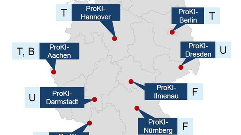 Deutschlandkarte mit den Standorten des ProKI-Netz