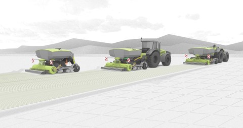 Auf der 3D-Garfik sieht man drei grau-grüne Traktoren mit Ackerpflügen über ein Feld fahren. 
