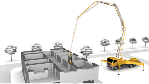 Die 3D-Zeichnung zeigt ein Haus, welches mit Beton 3D gedruckt wird. Links sieht man den Rohbau des Hauses, recht einen gelbes Kranfahrzeug.