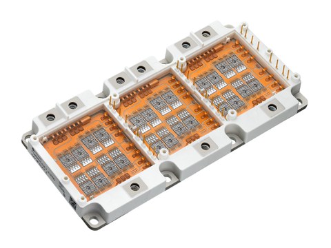 Auf der 3D-Abbildung sieht man ein geöffnetes Elektronikmodul von Infineon HybridPACK2. 