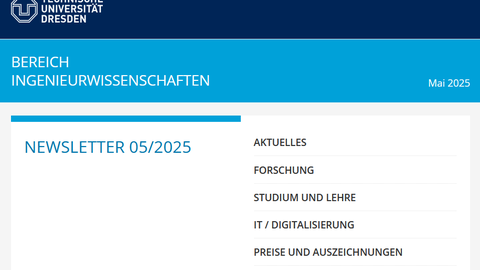Screenshot aus dem oberen Bereich des Newsletters. Man sieht links oben im dunkelblauen Balken das TUD Logo. Rechts das Inhaltsverzeichnis.