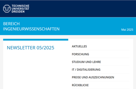 Screenshot aus dem oberen Bereich des Newsletters. Man sieht links oben im dunkelblauen Balken das TUD Logo. Rechts das Inhaltsverzeichnis.