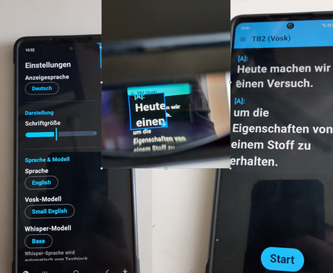 Entwickelte Android-App. Einige Einstellungen (links), Test (rechts) und Perspektive von der Brille mit Zoom-Funktion (Mitte).