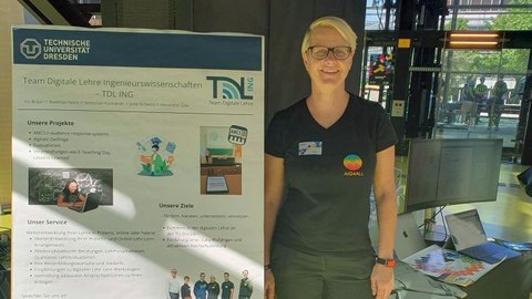 Dr. Iris Braun präsentiert ein Poster auf dem das Team Digitale Lehre des Bereiches ING vorgestellt wird.