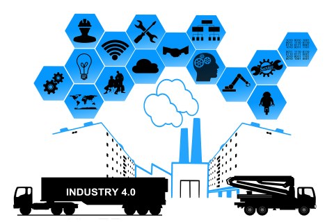Die Zeichnung verdeutlicht das Thema Industrie 4.0. In der Bildmitte sieht man eine Industrieanlage, davon links und rechts zwei LKWs und über dem Gebäude eine Wabenstruktur. Die Wabenstruktur beinhaltet u.a. die Symbole für WLAN, eine Weltkarte u.v.m.