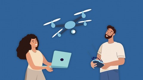 Grafik mit zwei Menschen, die eine Drohne fliegen.