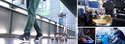 Collage aus vier Fotos. Links folgt ein Roboter einem Mann. Rechts oben ist ein Demonstrator aus der Hochfrequenztechnik abgebildet. Links darunter richtet eine Person eine Probe für den 3D-Scan aus.Rechts daneben schraubt eine Person an einem Kegelprüfs