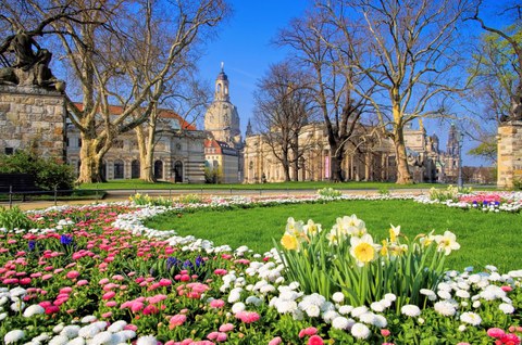 Ornamental flower bed with the Frauenkirche in the background.