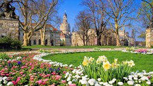 Ornamental flower bed with the Frauenkirche in the background.