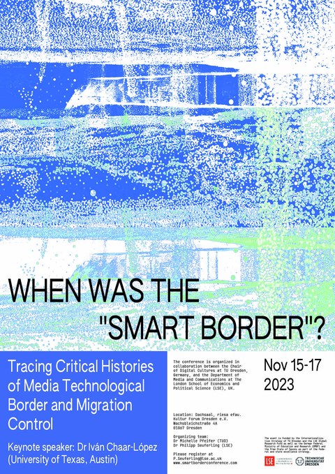 Poster zu der Konferenz mit blauem und grünen künstlerisch chaotischen Hintergrund.
