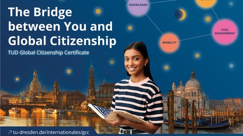 Eine Frau steht vor den Kulissen der Städte Dresden und Venedig. Auf dem Bild steht: The Bridge between You and Global Citizenship. TUD Global Citizenship Certificate