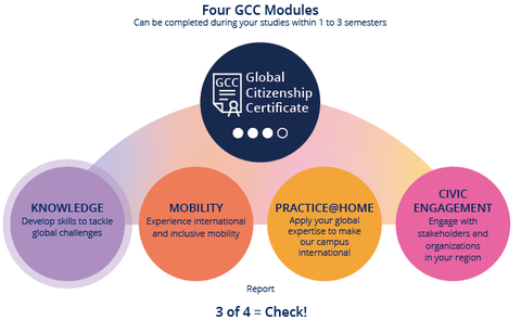 The four modules of GCC: Knowledge, Mobility, Practice@Home and Civic Engagement.