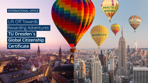 Auf dem Bild wird das Programm "TUD Global Citizenship Certificate" vorgestellt. Zu sehen sind Heißluftballons vor den Kulissen von Dresden und New York City. 
