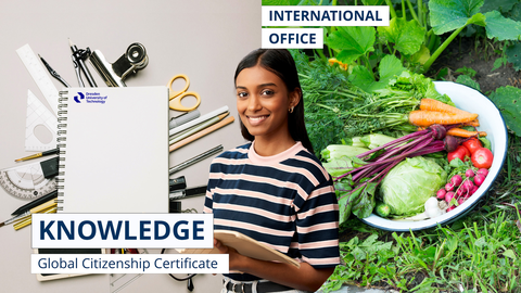 Eine Frau steht vor Büroutensilien und vor einer Schüssel mit Salat. Auf dem Bild ist das Modul Knowledge des TUD Global Citizenship Certificate dargestellt. 
