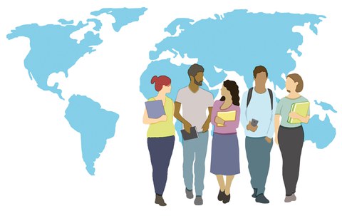 Illustration of a blue world map and five students