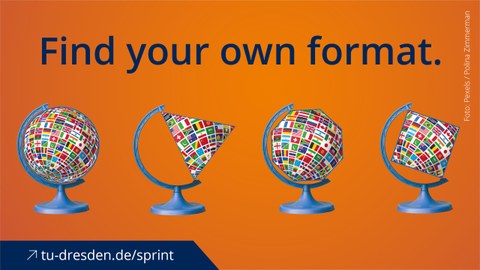 Grafik. Text: Find your own format. "Globen" in verschiedenen Formen mit Flaggen verschiedener Länder darauf.