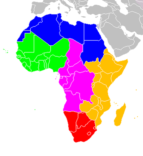 Fünf Regionen Afrikas farbig markiert