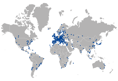 Weltkarte mit Punkten für Partnerhochschulen der TUD