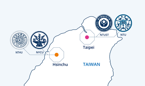 Auf der Grafik ist die Karte des Nordens von Taiwan zu sehen, wo vier Universitätsembleme verortet sind.