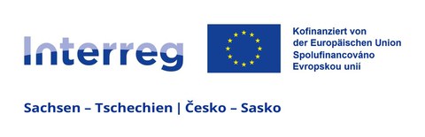 Dargestellt ist das Interreg Logo in Worten sowie eine europäische Flagge und dem Hinweis, das das Projekt kofinanziert ist von der Europäischen Union. Darunter steht Sachsen - Tschechien in Deutsch und Tschechisch