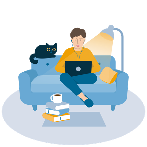 Zeichnung einer Person im Homeoffice. Sie sitzt mit dem Laptop auf dem Schoß auf einer blauen Couch, zu ihrer Rechten eine Stehlampe. Auf der linken Seite der Couchlehne sitzt eine schwarze Katze. Auf dem Fußboden vor der Couch befindet sich ein Bücherstapel mit einer Tasse Tee obenauf.