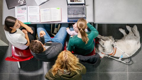 Auf dem Bild sind fünf Menschen aus der Vogelperspektive abgebildet. 3 Erwachsene und 1 Baby sitzen an einem Tisch, auf dem Bücher, Schreibmaterialien und ein Laptop liegen. Hinter den Sitzenden steht eine weitere Person. Auf dem Boden liegt ein Hund.