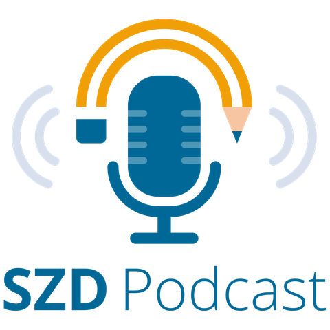 Die Grafik zeigt ein stilisiertes Mikrofon im SZD-blau, als dessen Wind-/Spuckschutz ein gebogener Bleistift angedeutet ist. Rechts und links neben dem Mikrofon sind Schallwellen skizziert, darunter steht "SZD Podcast".