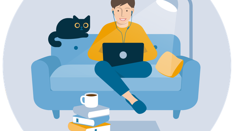 Auf einem Sofa sitzt eine Person vor einem Laptoo, auf der Lehne liegt eine Katze und vor der Couch ein Bücherstapel.