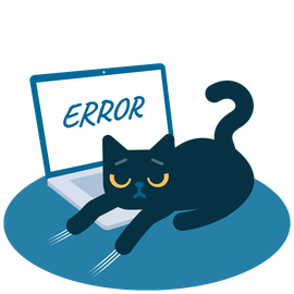 Eine Katze liegt auf einem aufgeklappten Laptop, macht einen Katzenbuckel über der Tastatur und kratzt mit ihren Krallen vor dem Laptop, auf dessen Display "ERROR" steht.