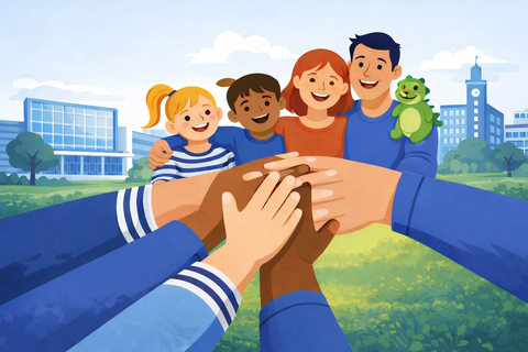 Die Illustration zeigt zwei Erwachsene und zwei Kinder, die die Arme umeinander gelegt haben. Im Vordergrund sind außerdem Hände zu sehen, die zusammenhalten.