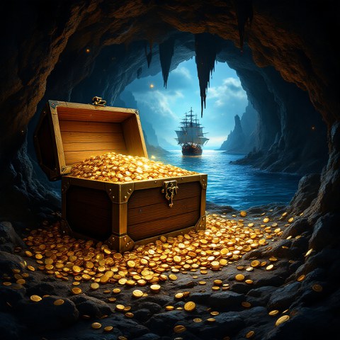 Die Illustration zeigt eine mit Goldstücken gefüllte Schatzkiste in einer Höhle. Im Hintergrund ist ein Segelschiff zu erkennen.