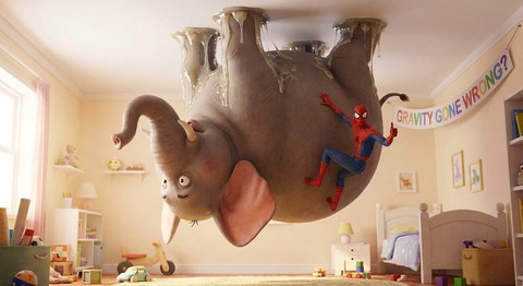Die Illustration zeigt einen Elefanten, der mit seinen Füßen an der Zimmerdecke festgeklebt ist. An ihm klettert die Superheldenfigur Spiderman herauf.