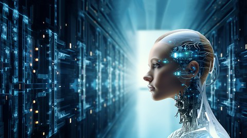 Foto von einem humanoidem Kopf im Seitenprofil mit durchscheinenden Kabelsträngen, welcher sich in einem futuristischem Technikraum befindet