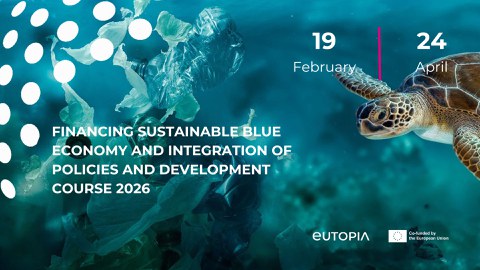 Eine Meeresschildkröte unter Wasser neben Plastikmüll und der Text Financing Sustainable Blue Economy and Integration of Policies and Development