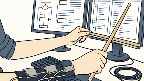 Eine stilisierte, digitale Illustration zeigt eine Person, die an einem Schreibtisch sitzt und mit beiden Händen ein Musik-Interface bedient. Am rechten Unterarm trägt die Person ein schwarzes haptisches Armband mit mehreren Sensoren oder Aktuatoren. 