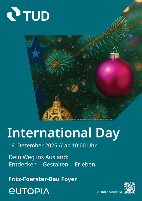 A Poster with a christmas tree branch with ornaments and the text "International Day"