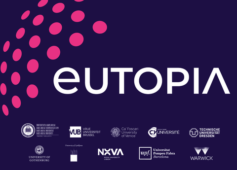 EUTOPIA Logo in weiß auf blau mit Magentapunkten und den Logos der 10 Partnern darunter